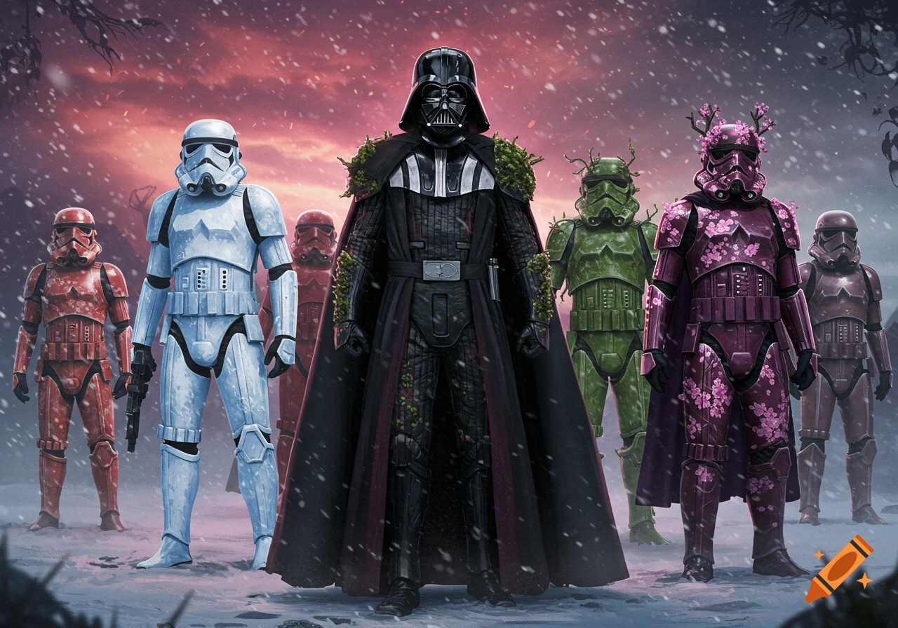 Darth Vader and Stormtroopers, including icy white, mossy green, pink sakura, and red designs, stand in a snowy landscape.