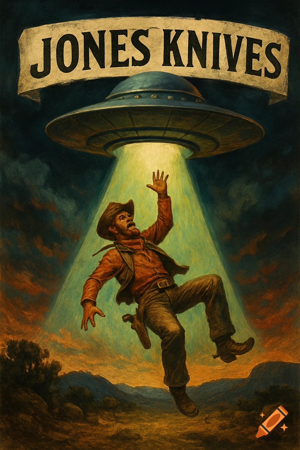 A vintage illustration of a cowboy being pulled into a UFO by a bright beam of light, with 'JONES KNIVES' on a banner above.