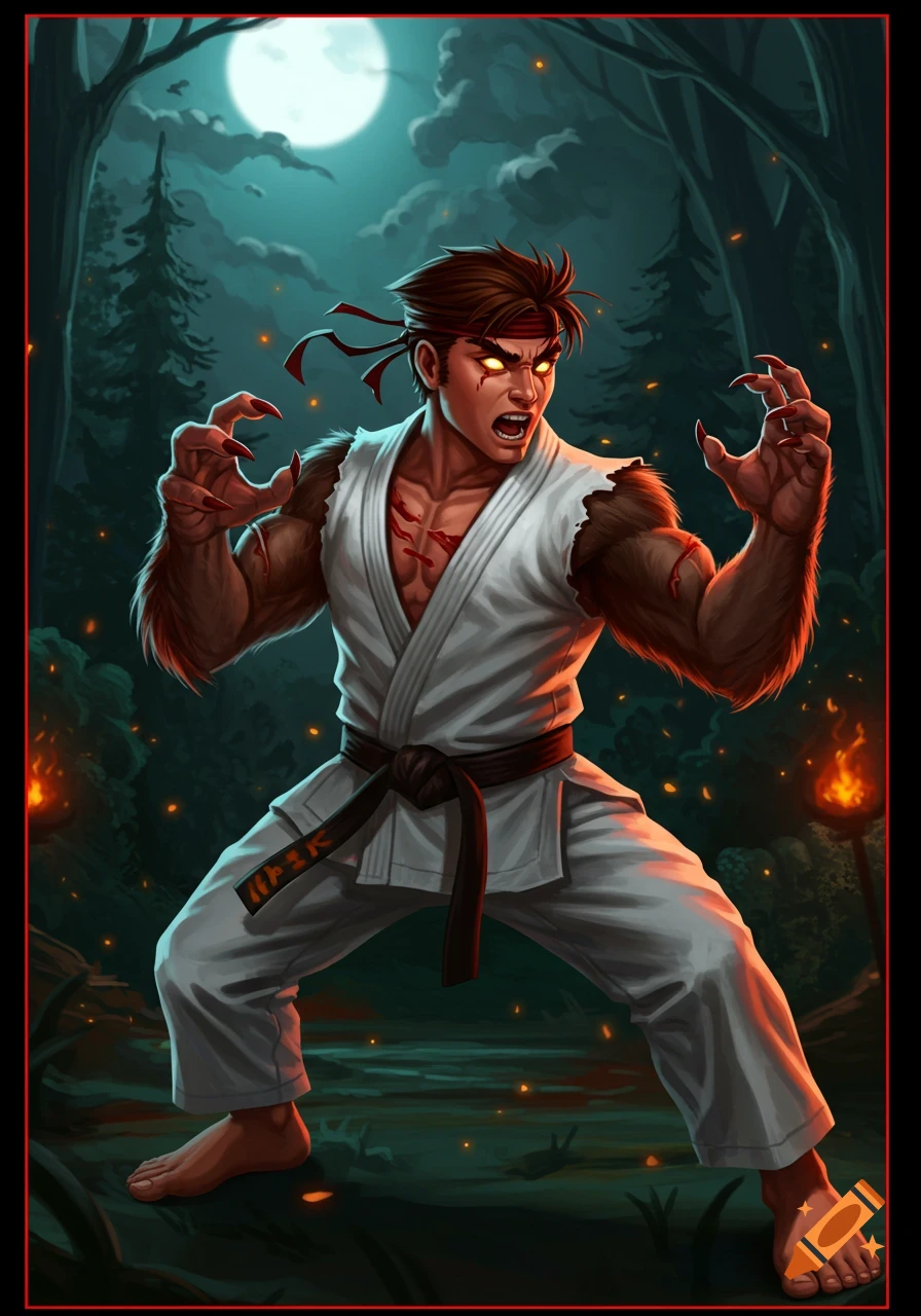 An illustrated human character with a karate gi transforms into a werewolf, with glowing eyes and claws, in a dark forest at night under a full moon.