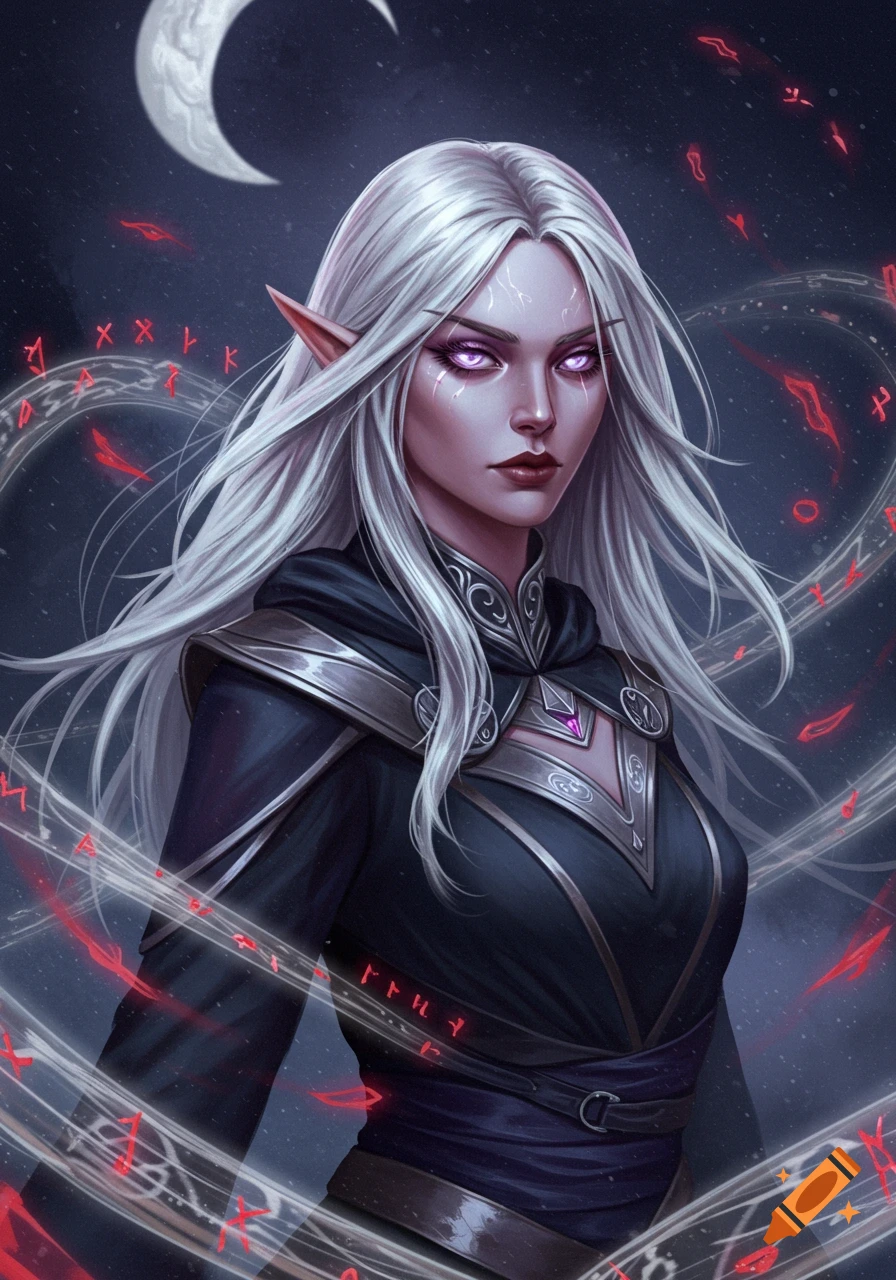 A beautiful elven sorceress with long white hair, pale skin, and glowing violet eyes, wearing dark robes, surrounded by red magical runes, under a crescent moon in a fantasy art style.