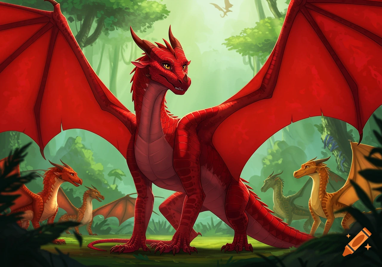 A large red dragon with outstretched wings stands in a lush jungle, surrounded by smaller dragons.
