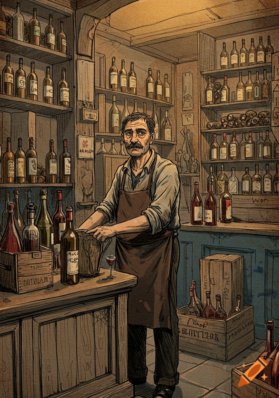A middle-aged man with a mustache stands in a dingy, vintage-style wine shop, surrounded by shelves of bottles, in a scratchy pen and ink with color wash illustration.