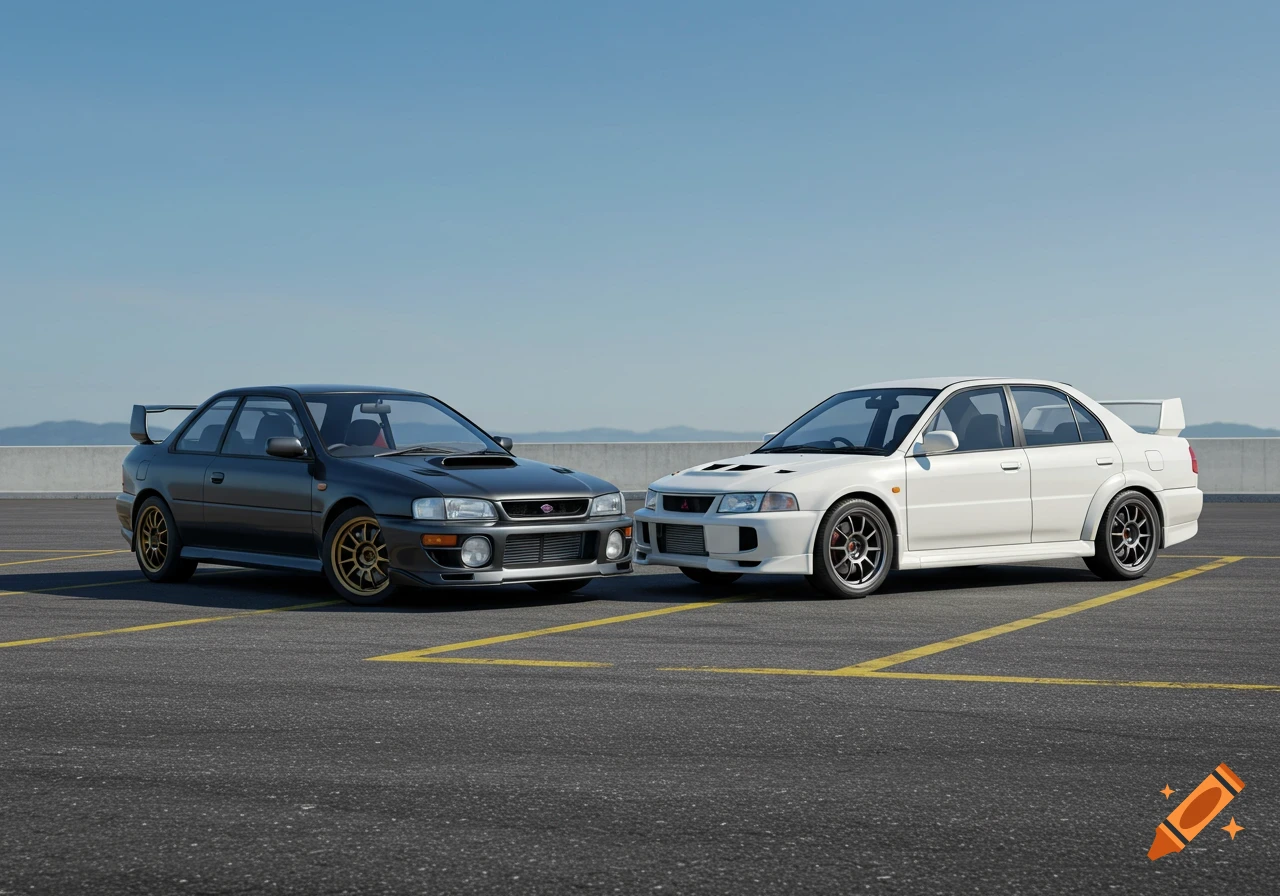 A dark gray 1998 Subaru WRX STI coupe and a white 1998 Mitsubishi Lancer Evolution V parked in an empty lot.