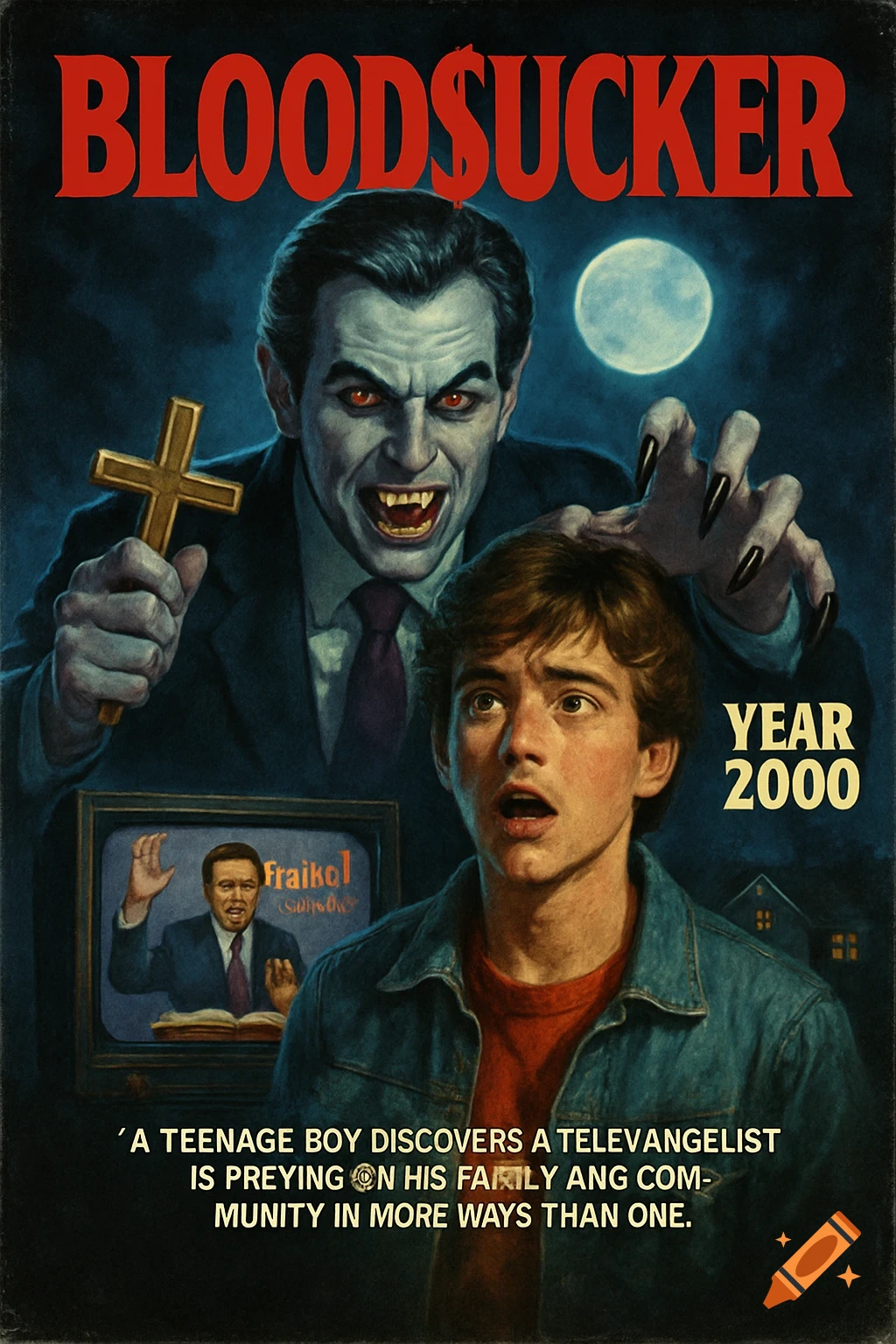 A vintage 80s horror movie poster for &quot;BLOOD$UCKER&quot; showing a vampire-like man holding a cross over a startled teenage boy, with a televangelist on a TV screen.