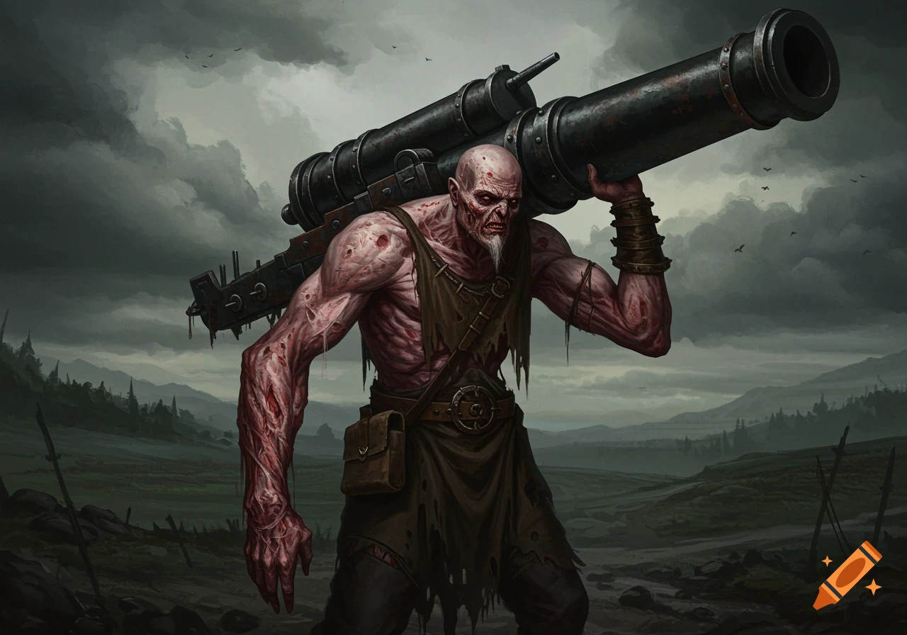 A grotesque, muscular, bald man with decaying skin and a white beard carries a large cannon on his shoulder across a desolate, cloudy landscape.