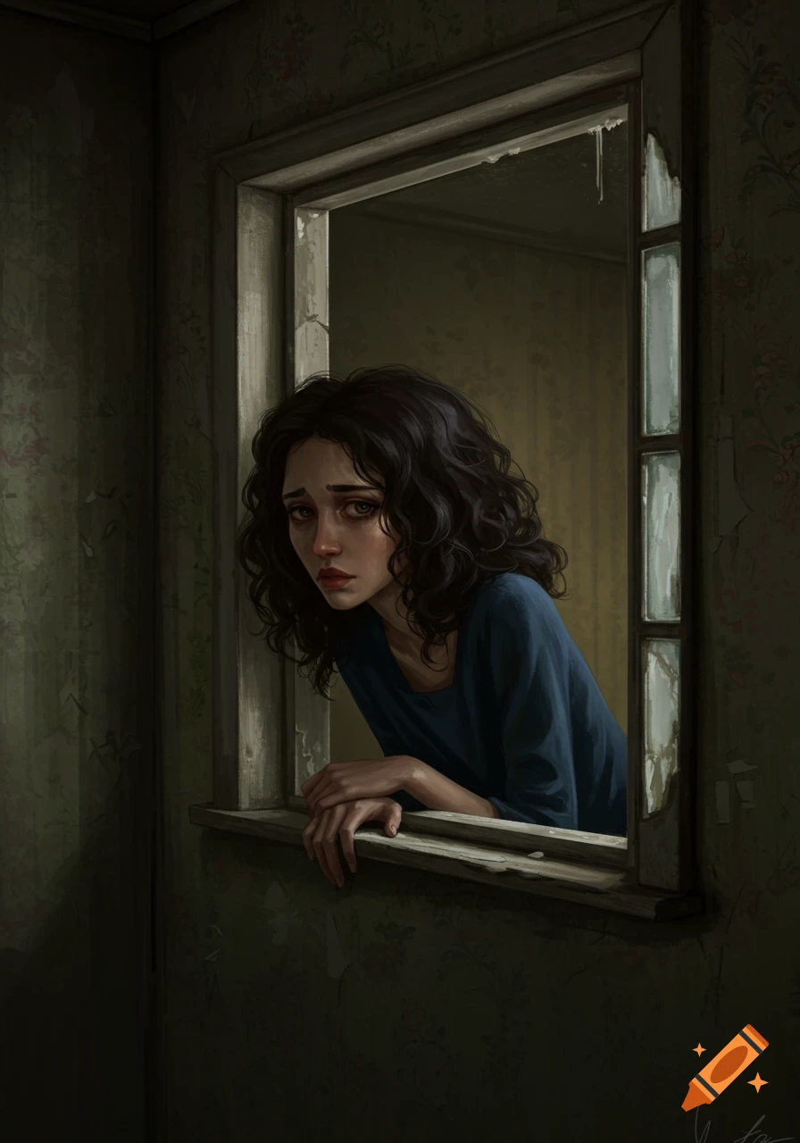 A melancholic young woman with dark curly hair looks out a grimy window in a dark room, digital painting.