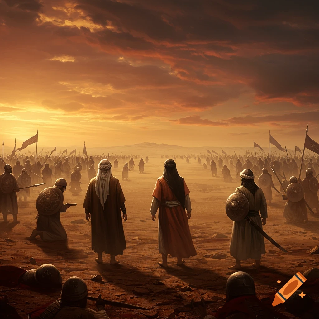 A large battle scene at sunset with figures in traditional attire and fallen soldiers on a barren, sandy ground.