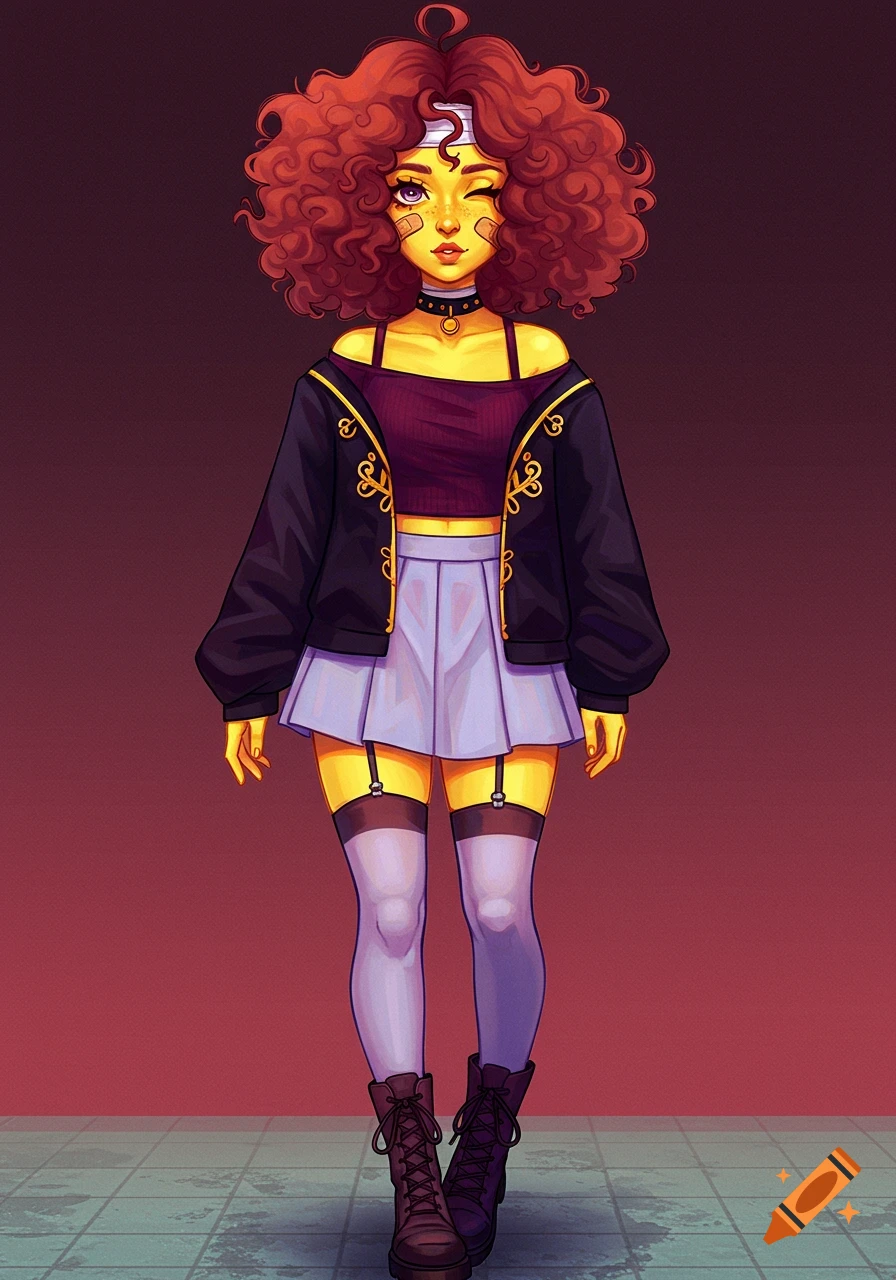 An anime-style character with curly red hair, yellow skin, wearing a black jacket, purple crop top, light purple skirt, and stockings, winking at the viewer.