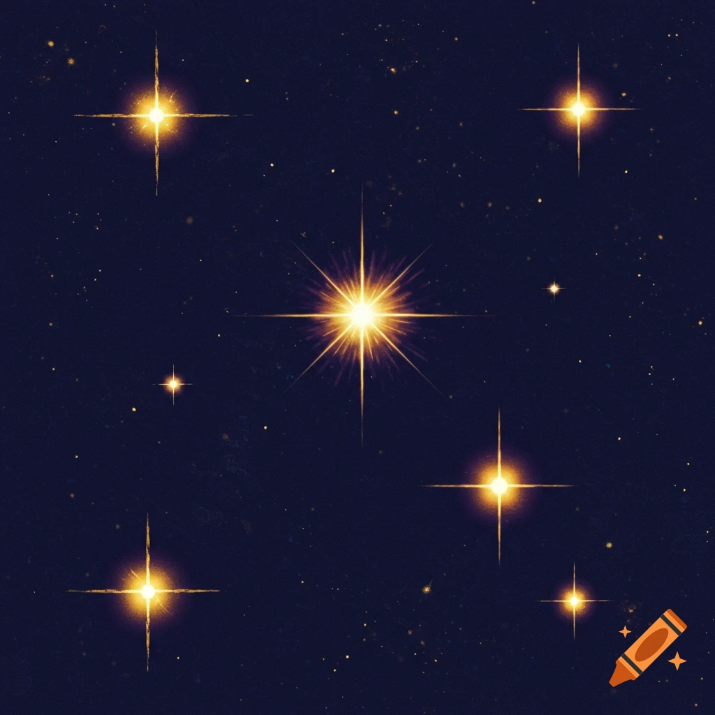 Multiple bright, glowing stars with distinct light rays against a dark, starry cosmic background.