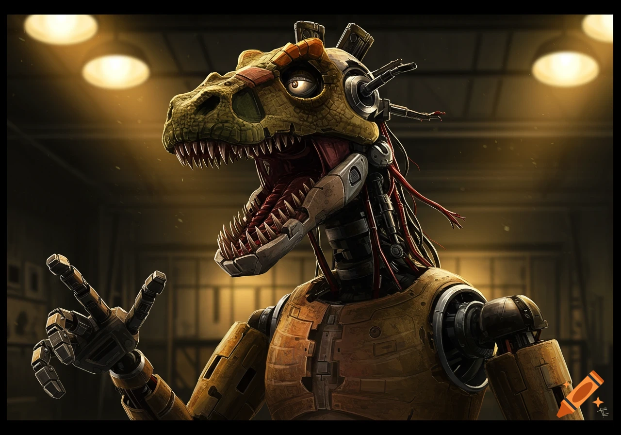 Digital illustration of a detailed animatronic dinosaur with exposed wires and a mechanical body in a dim workshop.