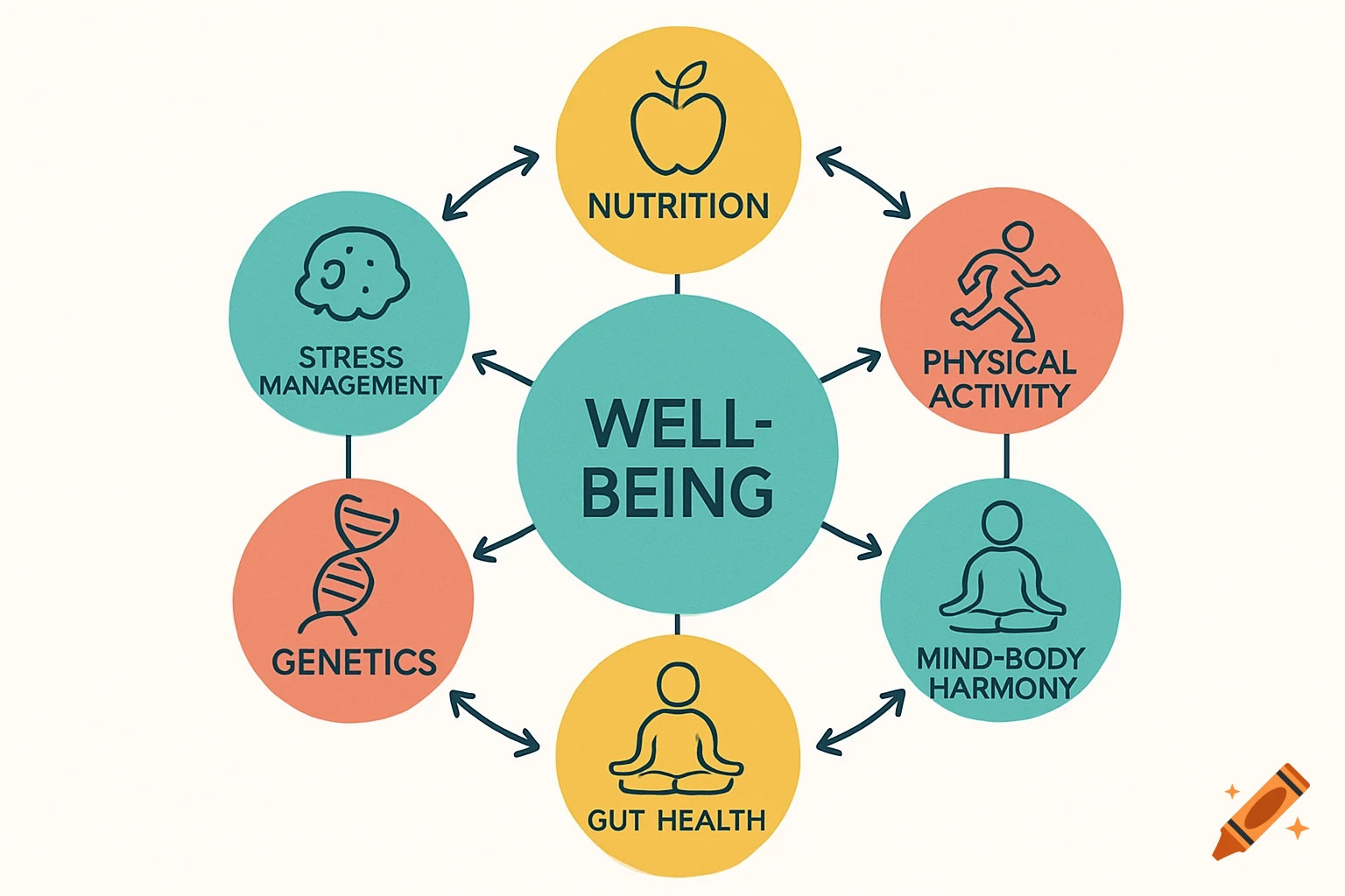 A circular diagram with "WELL-BEING" in the center, connected by arrows to six surrounding circles: Nutrition, Physical Activity, Stress Management, Genetics, Gut Health, and Mind-Body Harmony.