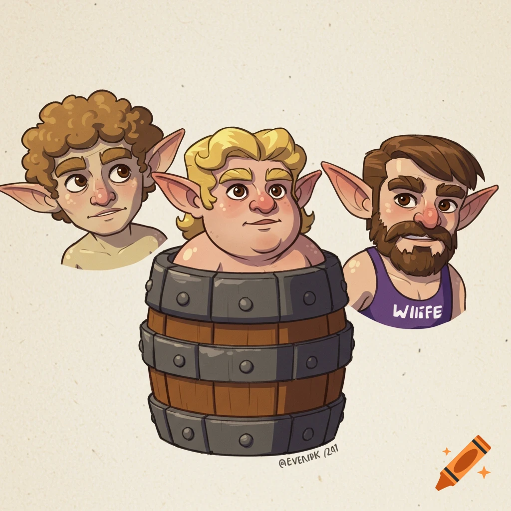 Three cartoonish goblins with pointy ears, one with curly hair, one with blonde wavy hair in a barrel, and one with a beard wearing a purple singlet with "WIIFE" written on it.