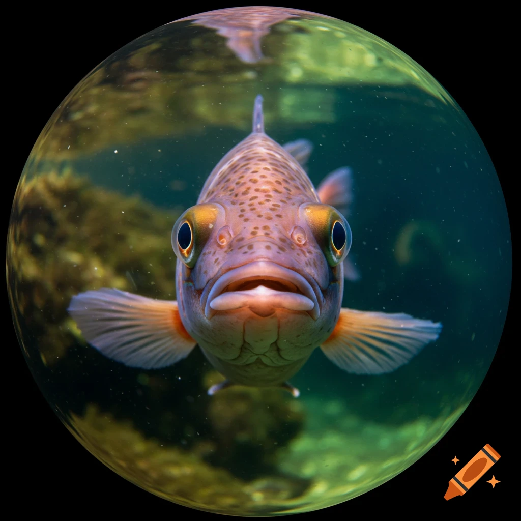 A detailed fisheye lens shot of a fish with large eyes staring directly at the camera in clear water.