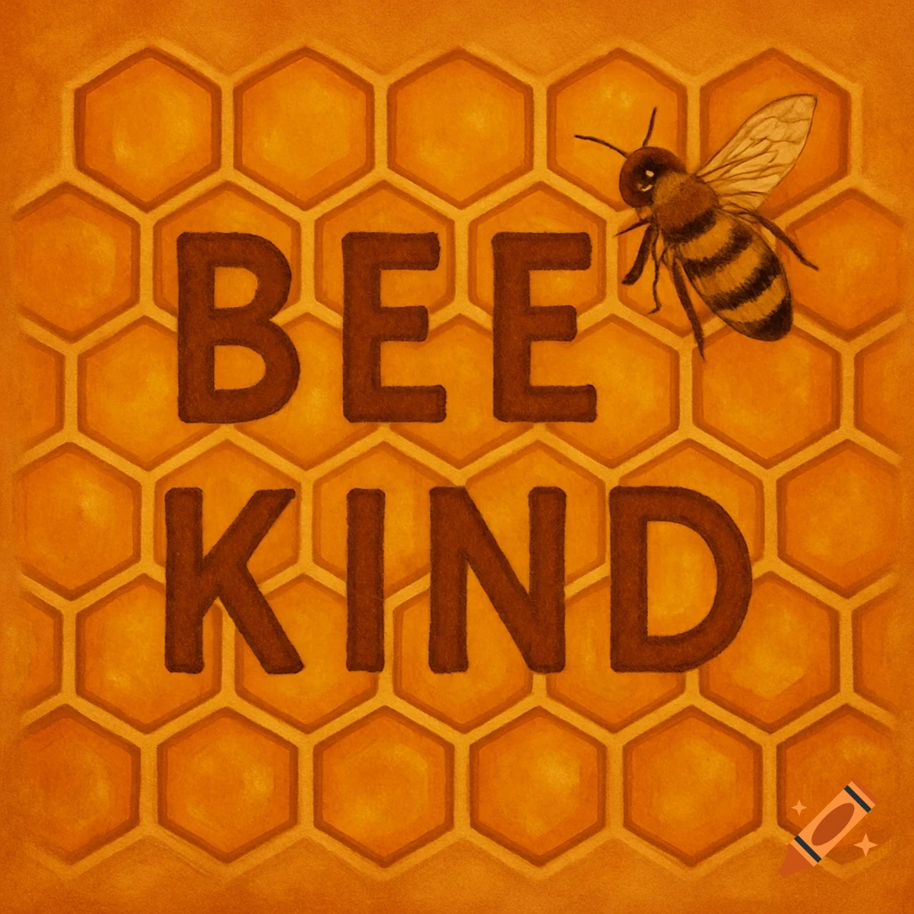 The words 'BEE KIND' in brown letters on a golden honeycomb background with a bee on the top right.