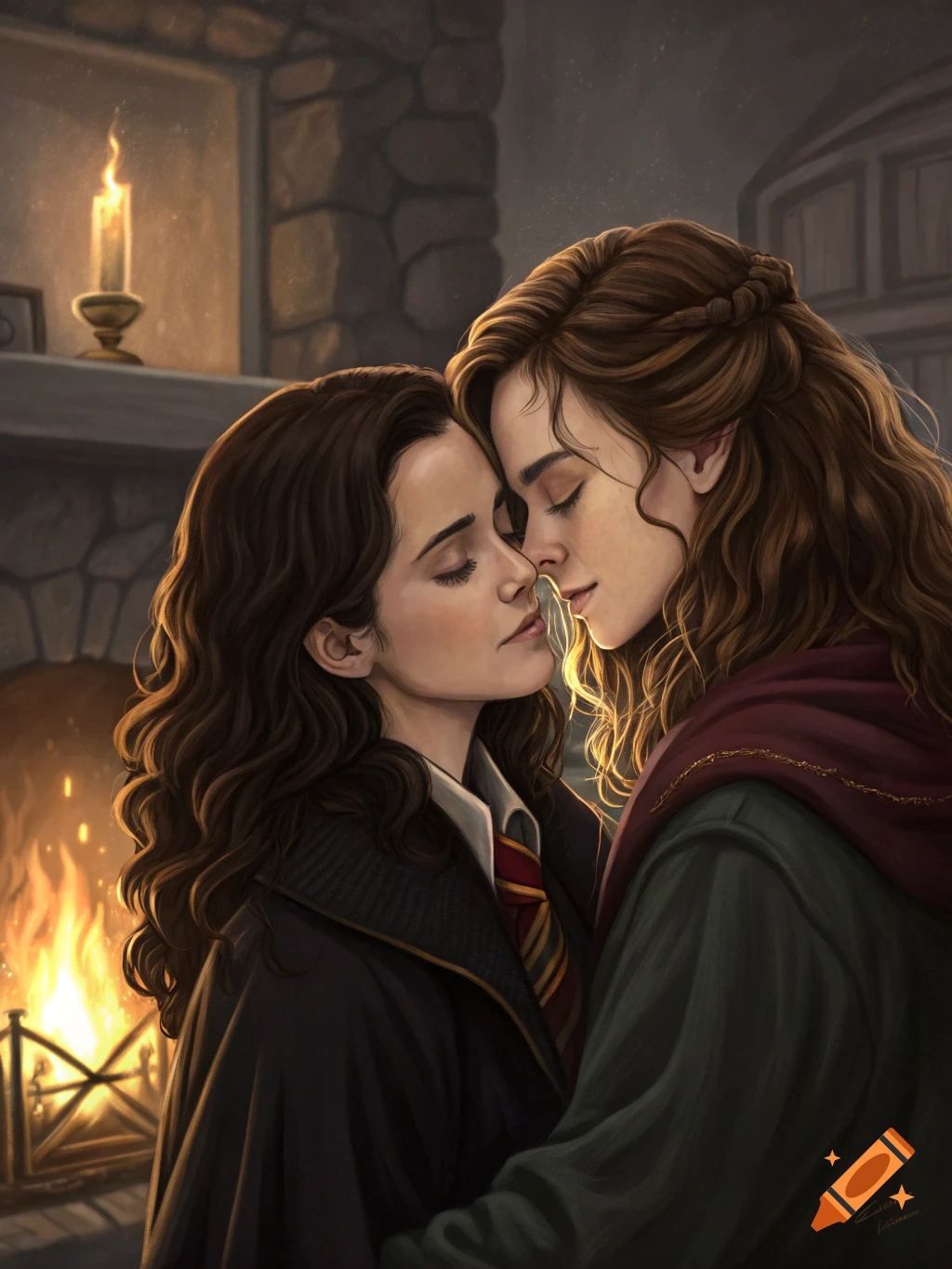 Two women with long brown hair, resembling Hermione Granger and Bellatrix Lestrange, embrace intimately by a glowing fireplace, about to kiss. Artwork.