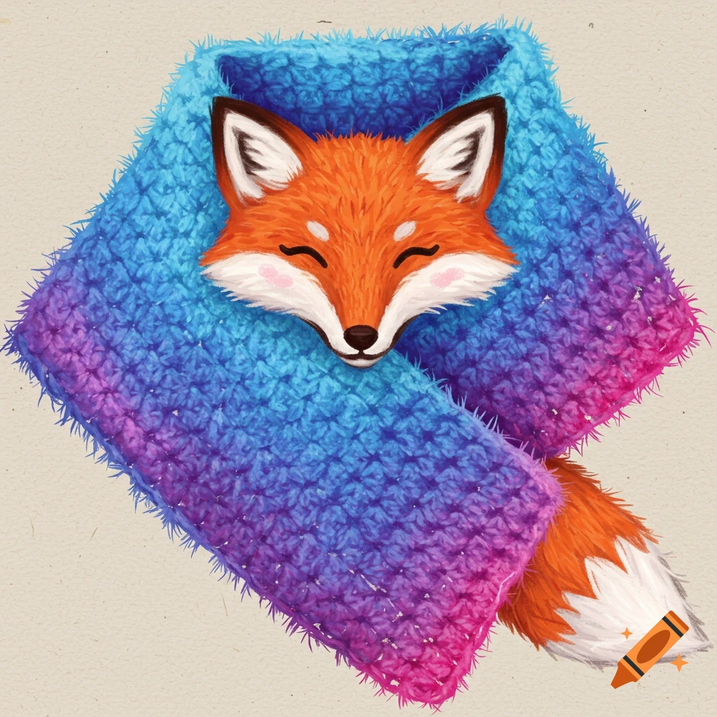 Whimsical illustration of a red fox head peeking out from a colorful blue to purple gradient crocheted scarf, with a fluffy tail visible.