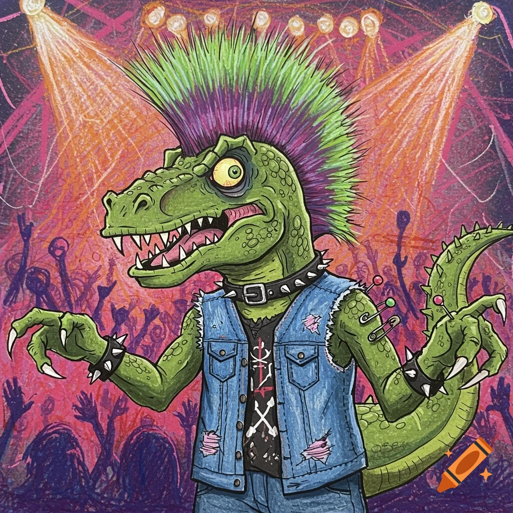 A green punk rock dinosaur with a green and purple mohawk, wearing a denim vest and studded collar, at a concert. Drawn in a crayon style.