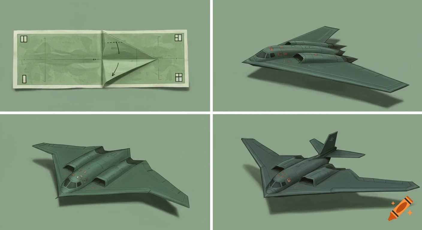 Four panels showing the step-by-step process of folding a green rectangular piece of paper into a B-2 bomber origami model.