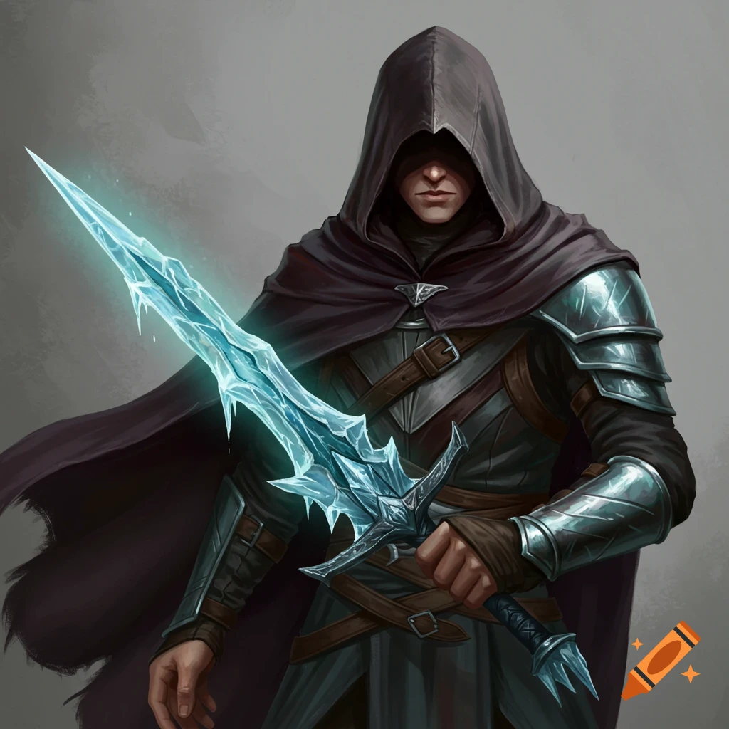A cloaked figure with a dark hood conceals their face while holding a glowing ice sword.
