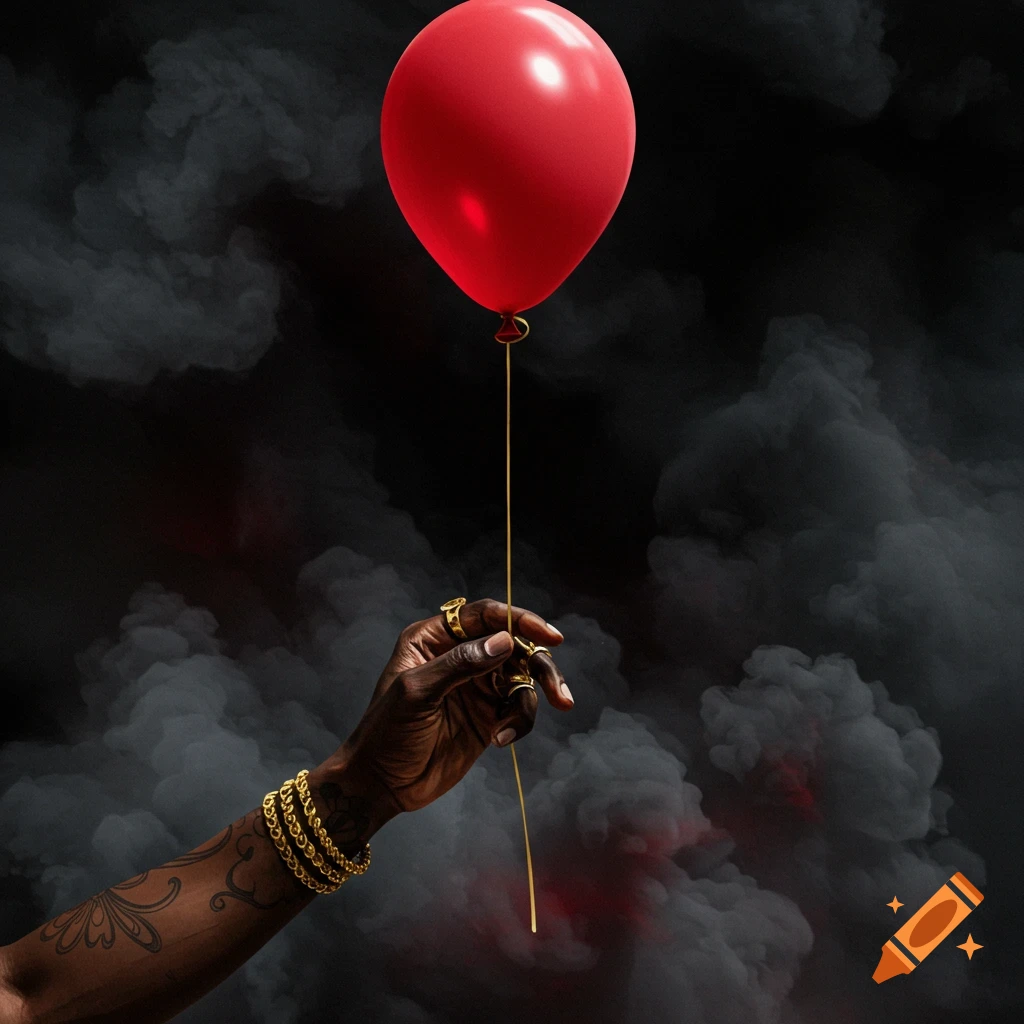 A dark-skinned hand, adorned with gold rings and bracelets, holds a single red balloon against a dark, smoky background.