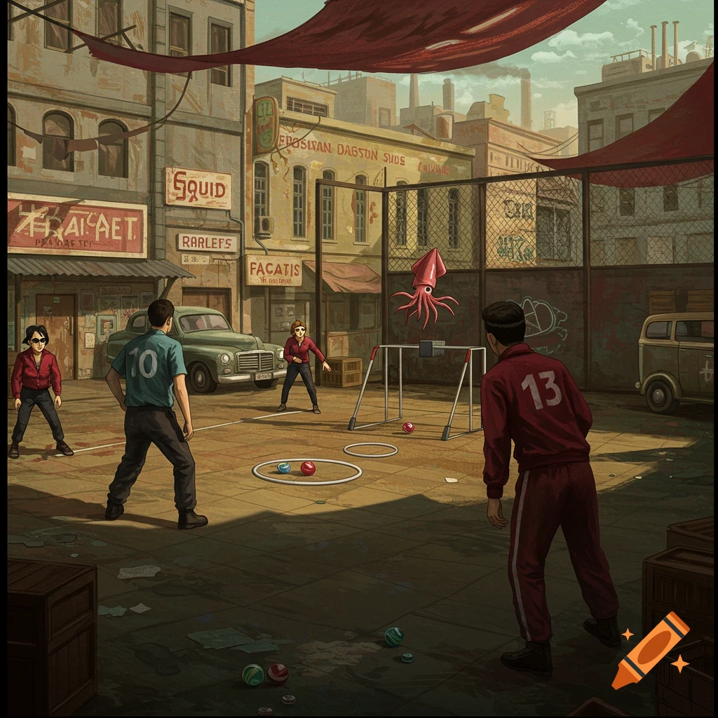 Three men play a game with hoops and balls in a gritty 1950s urban courtyard, with a pink squid floating above a small goal.