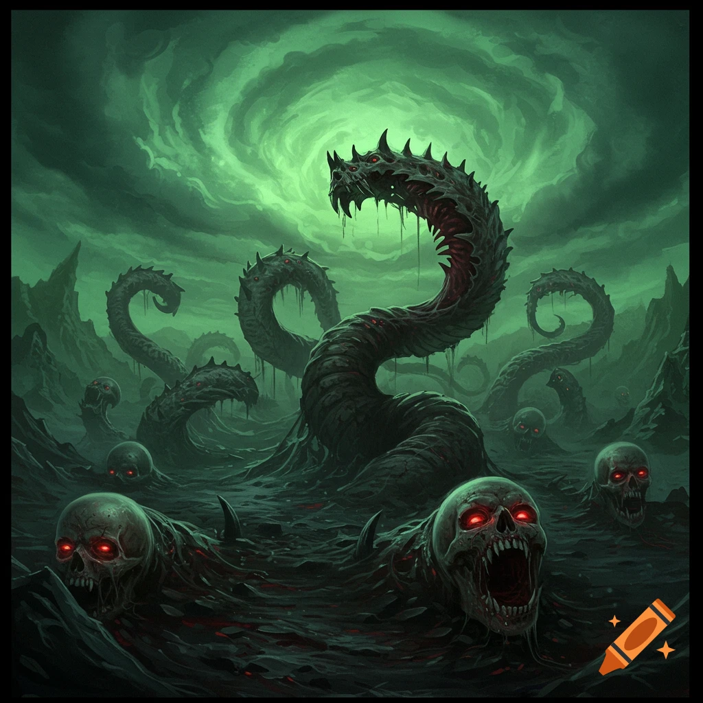 A dark fantasy illustration featuring a large, monstrous, spined serpent creature emerging from murky green waters, surrounded by smaller serpentine forms and screaming skull-like heads with glowing red eyes, all beneath a swirling green, cloudy sky.