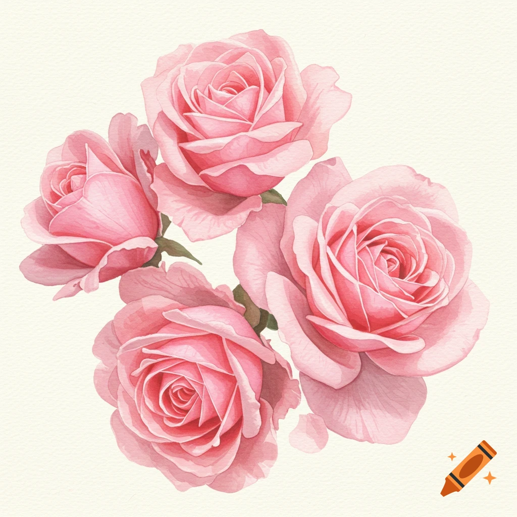 Four pink watercolor roses on a light background.