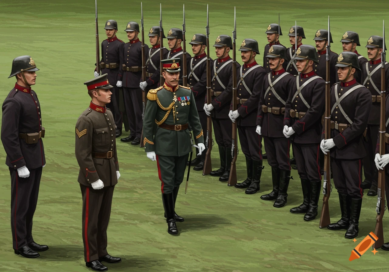 A commanding officer inspects soldiers in dark uniforms and helmets on a green field, depicted in an illustrative style.