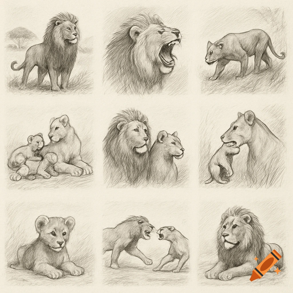A grid of nine black and white pencil sketches of lions in various poses and interactions, including adults and cubs.