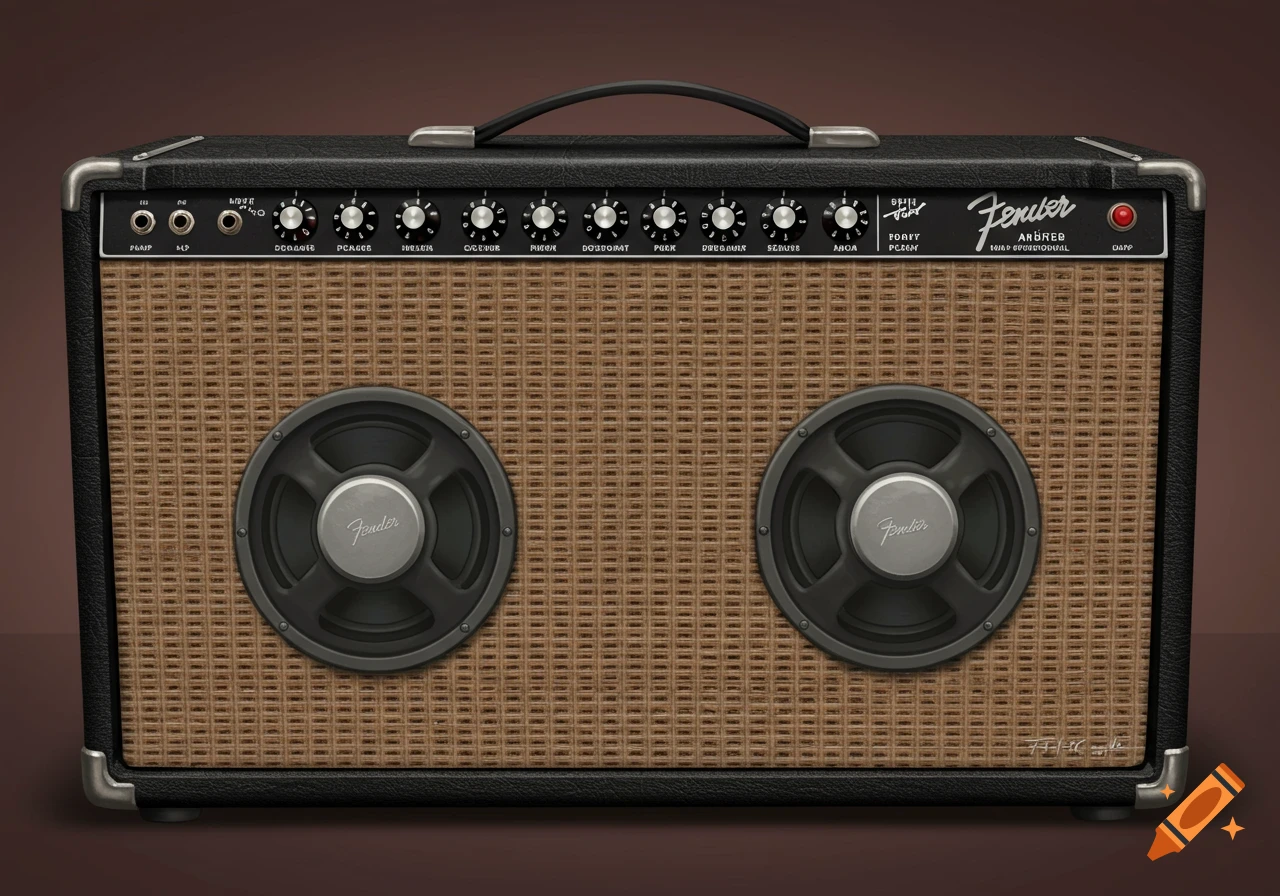 A vintage-style black and brown guitar amplifier with two large speakers and a top panel with multiple knobs and inputs, on a brown background.