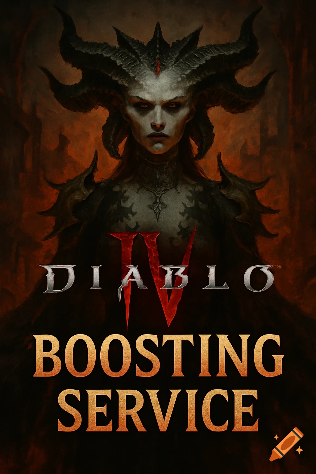 A dark fantasy image featuring Lilith from Diablo IV with the text 'DIABLO IV BOOSTING SERVICE' in bold letters.