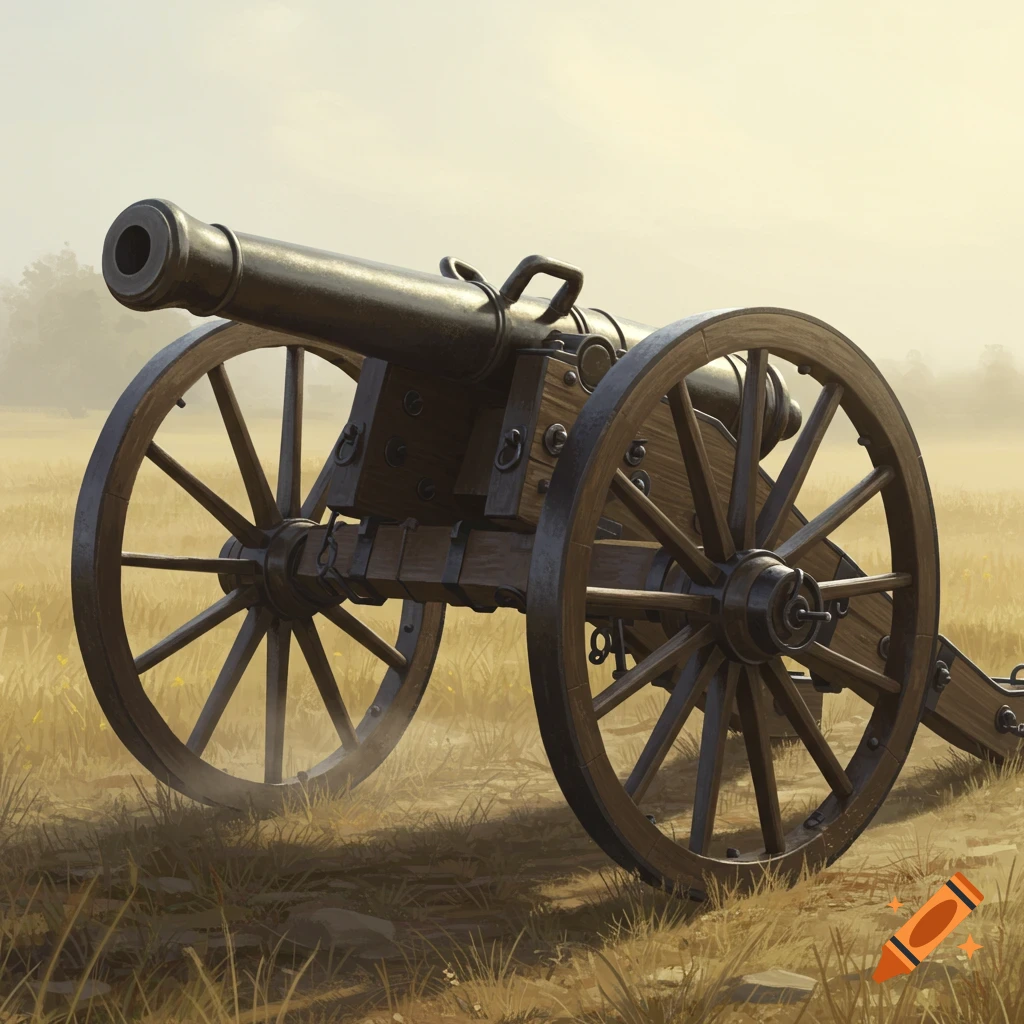 A muzzle-loading cannon with large spoked wheels stands in a grassy field under a bright, hazy sky.