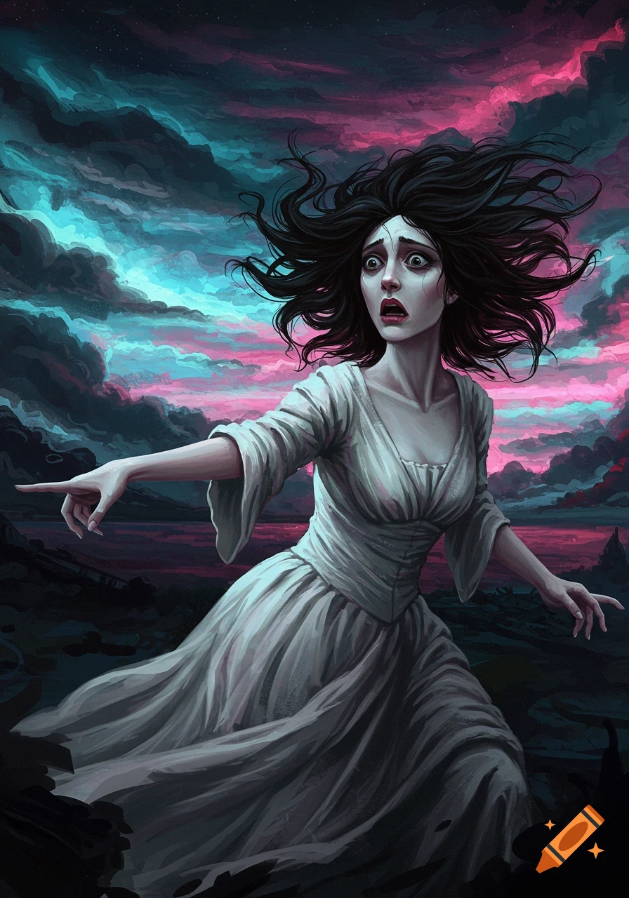 A scared woman with dark hair flowing, pointing forward, against a dramatic pink and teal cloudy sky.