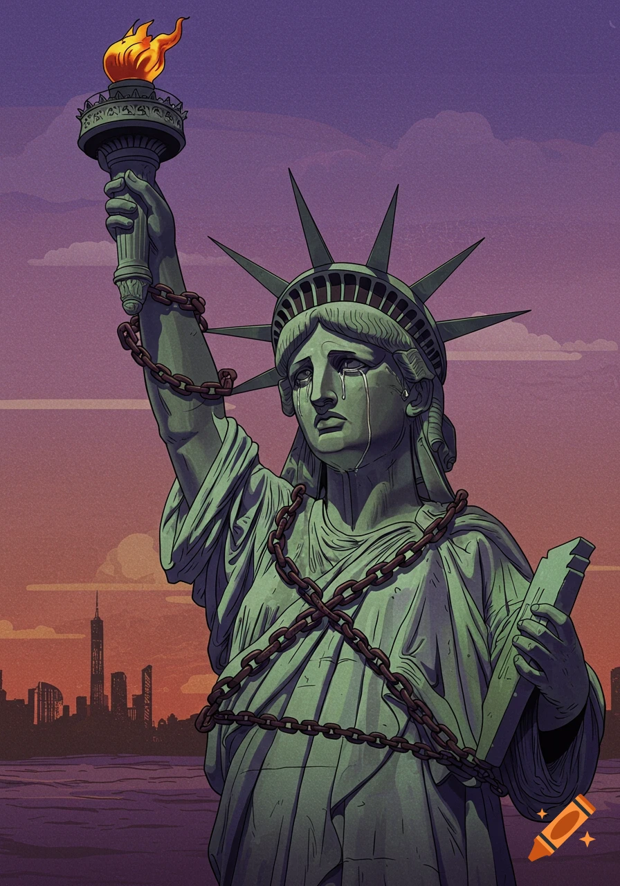 A stylized illustration of the Statue of Liberty, chained and crying, holding a broken tablet and torch, with a city skyline at dusk.