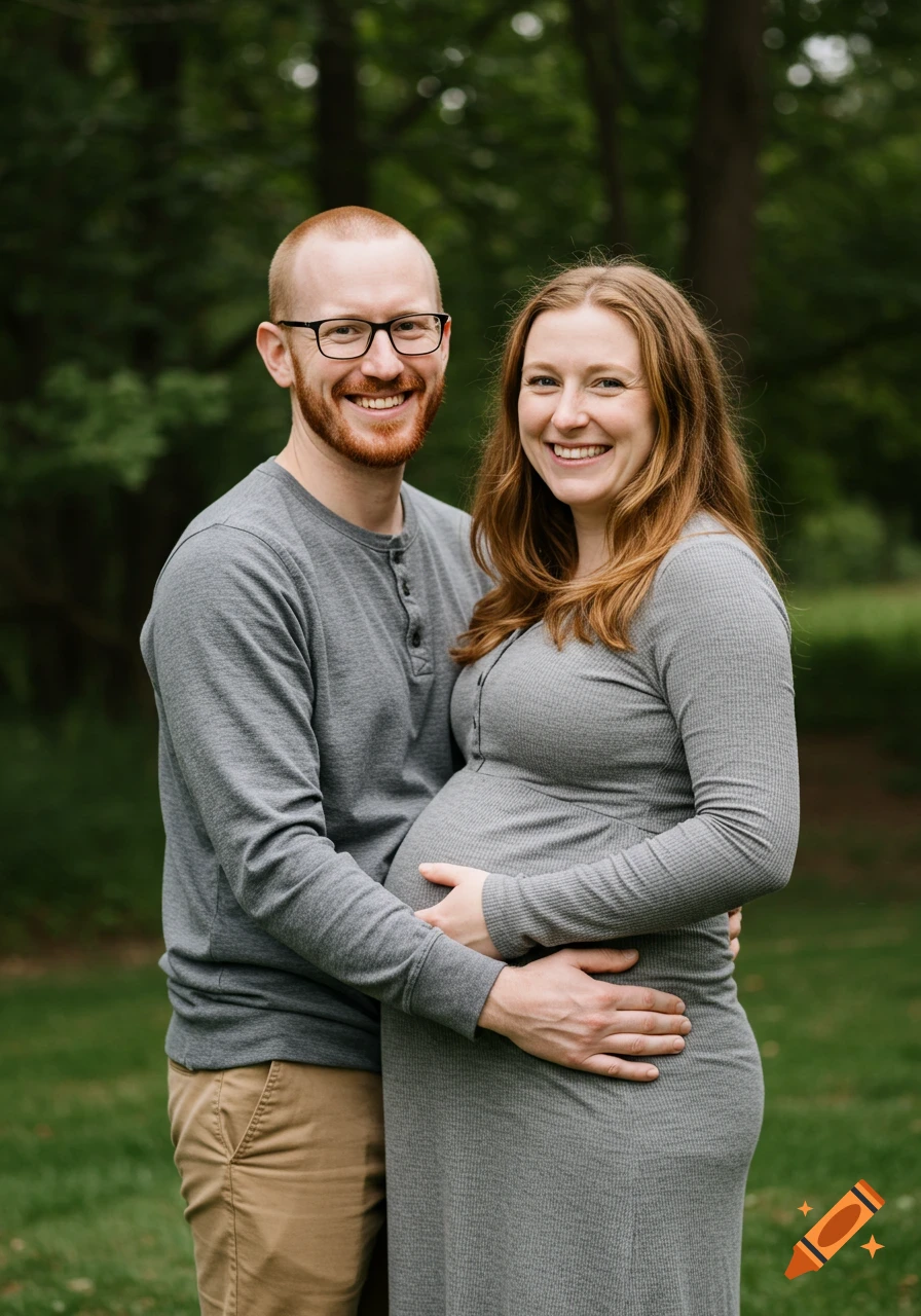 A smiling pregnant woman and a man in glasses embrace outdoors in a grassy area with trees.