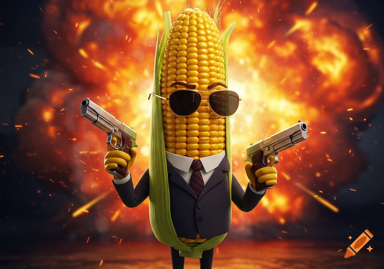 A cool anthropomorphic corn cob in a suit and sunglasses holds two pistols in front of a fiery explosion, in a stylized, detailed render.
