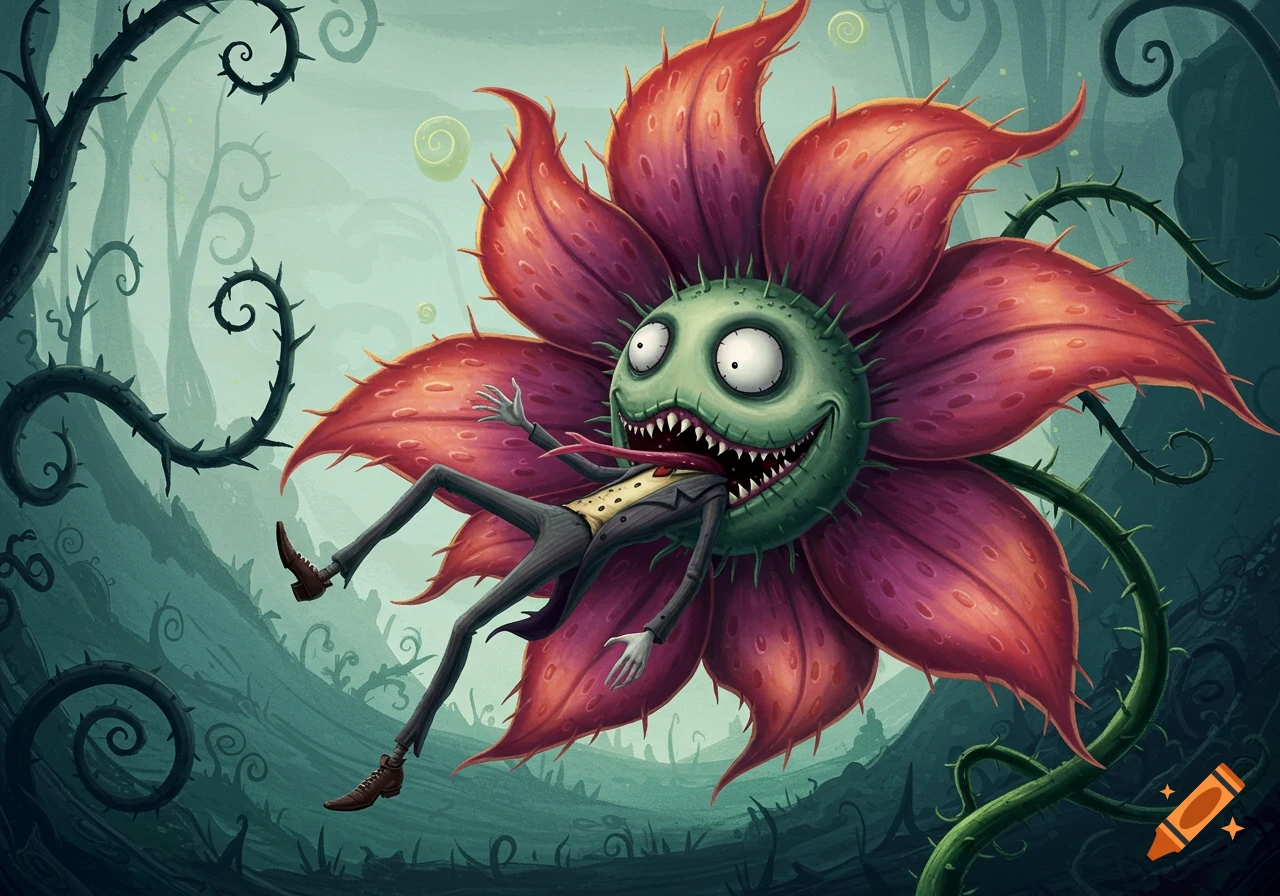 A monstrous, grinning red and green flower devours a man in a pinstripe suit, in a dark, whimsical Tim Burton-style forest.