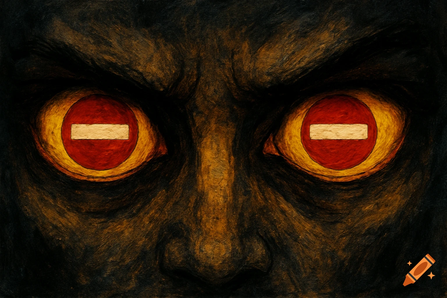 A close-up of an intense, dark face with glowing yellow eyes, each containing a red "no entry" sign. Painterly style.