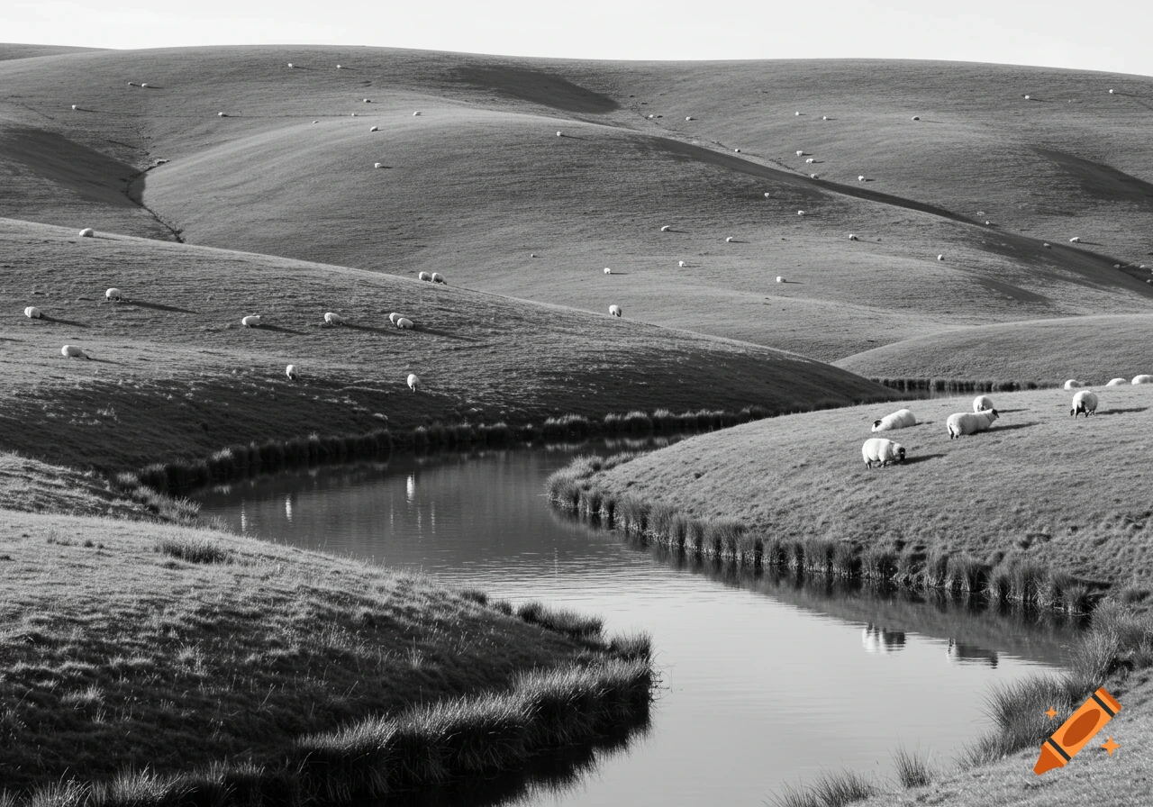 Black and white photo of rolling hills with scattered sheep, a winding stream, and reflections.