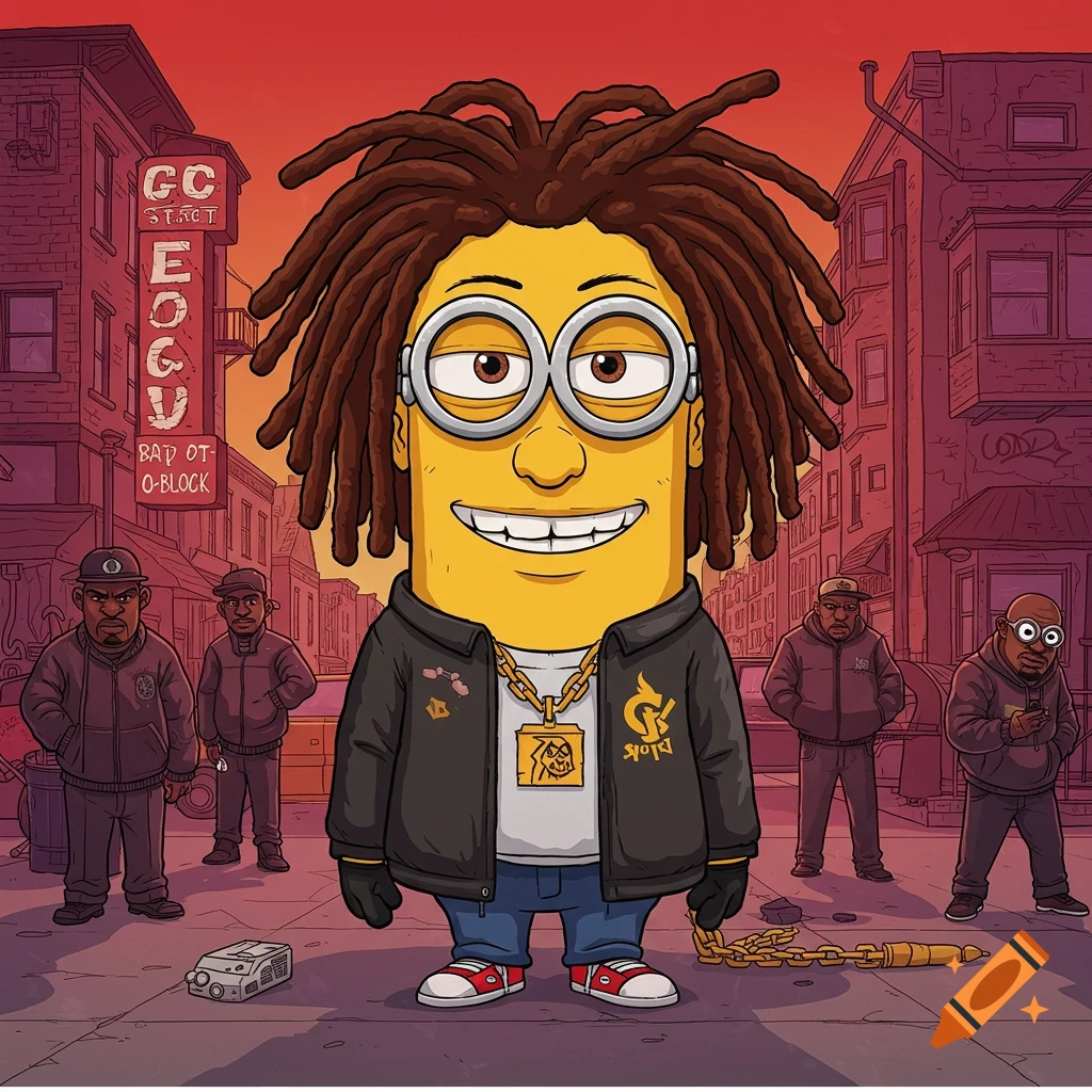 A yellow Minion-like cartoon character with dreadlocks, wearing a jacket and gold chain, stands on a street with other figures in an urban setting.