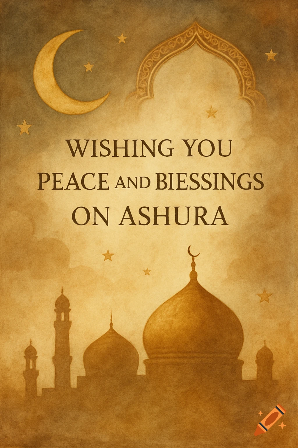 Sepia-toned illustration of a crescent moon, stars, and mosque silhouettes, with text wishing peace and blessings for Ashura.