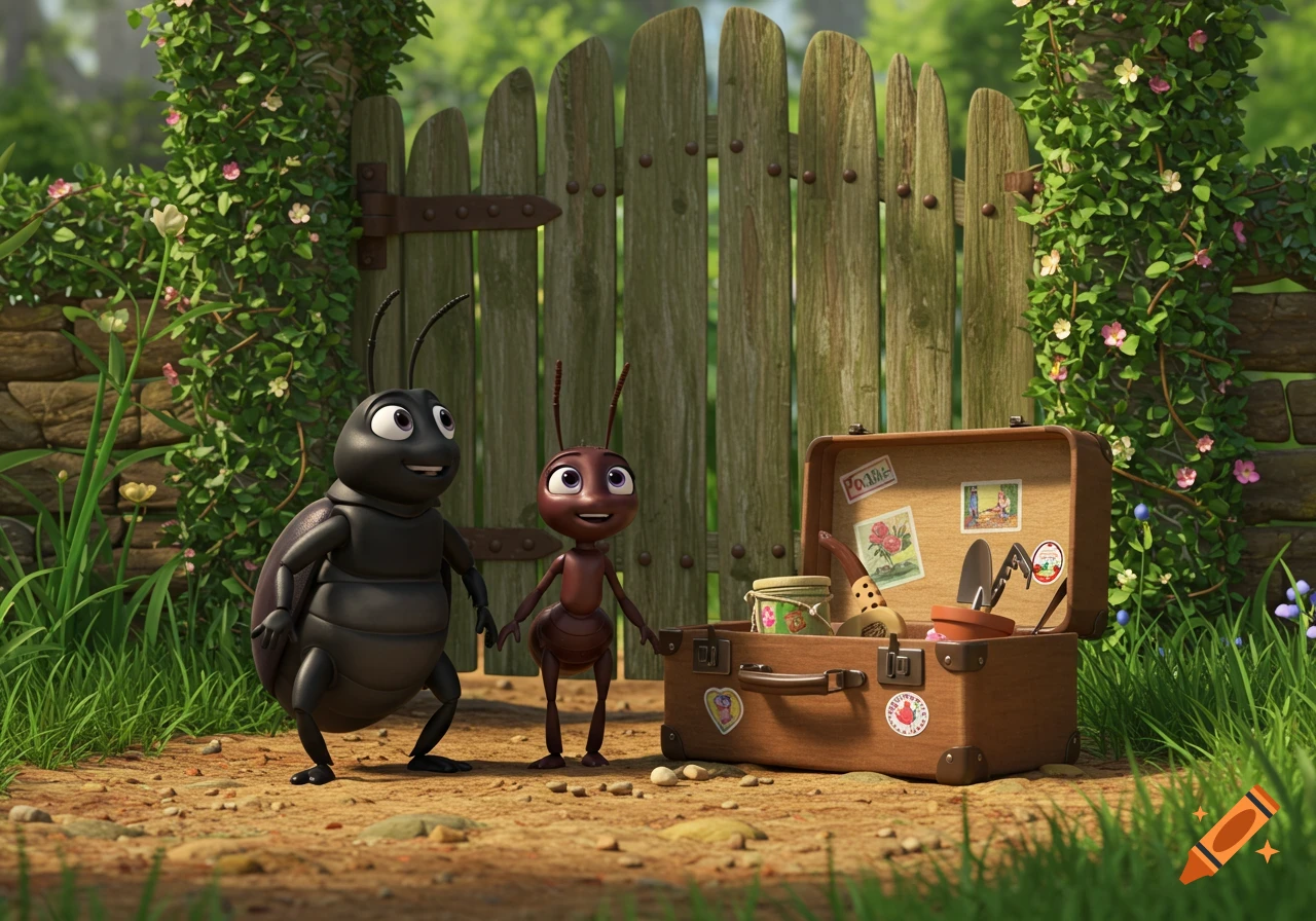 A black beetle and a brown ant stand beside an open brown suitcase filled with items near a garden gate in a CGI style.