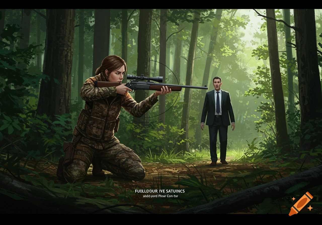 A woman in camouflage kneels, aiming a rifle at a man in a suit standing in a sun-dappled forest, in a digital illustration style.