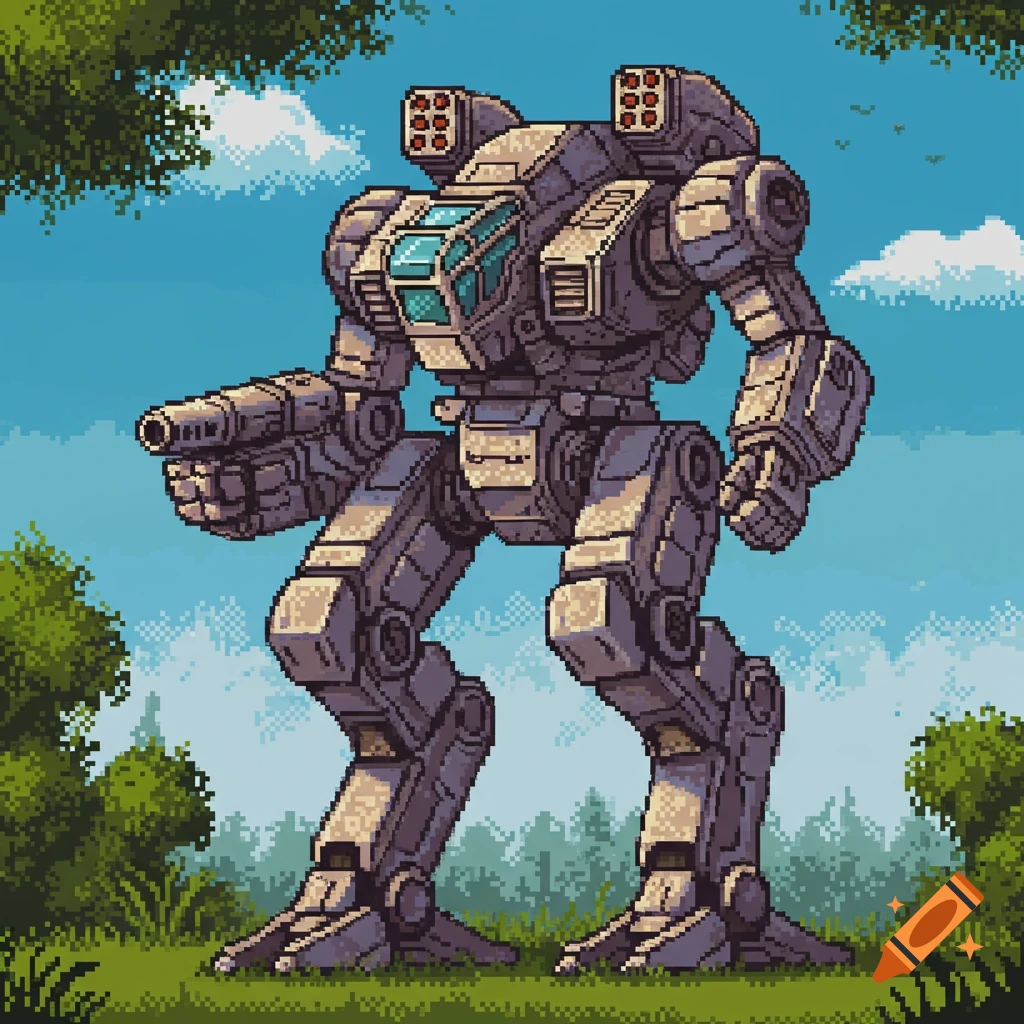 A large, gray pixel art mech with a cannon arm and shoulder missiles stands in a green forest under a blue sky.