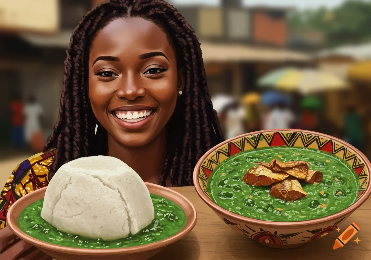 A smiling Black woman with braids holds bowls of fufu and egusi soup, set in an outdoor market, in an illustrative style.