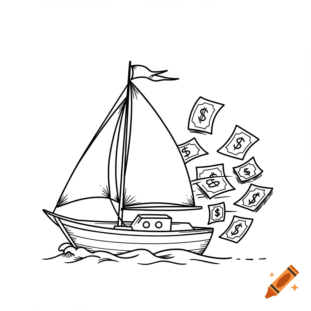 An outline drawing of a sailboat with dollar bills flying off its stern.