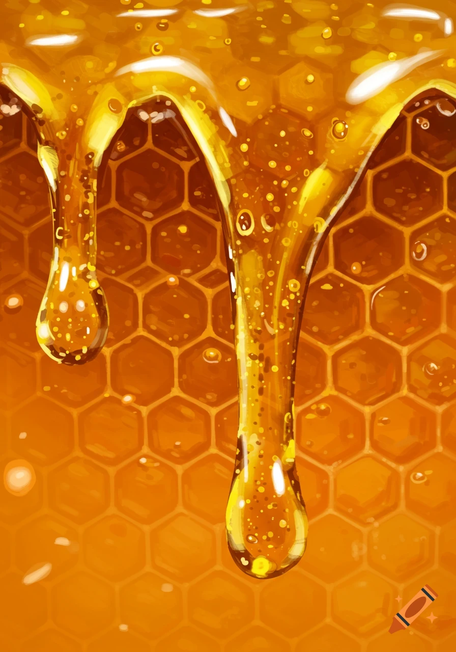 Golden honey drips down a textured honeycomb surface, with bubbles visible in the thick liquid.