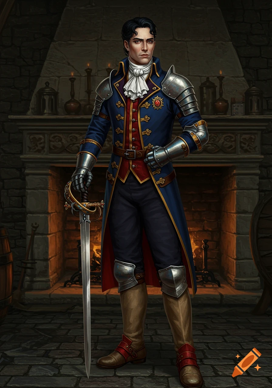 A man in blue and red Victorian-style clothing with silver armor stands in an old tavern, holding a sword. Detailed fantasy illustration.