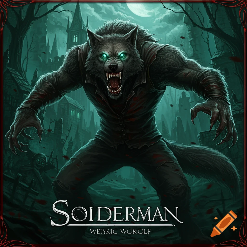 A menacing werewolf with glowing green eyes and fangs stands in a dark, gothic town under a full moon, in a detailed horror art style.