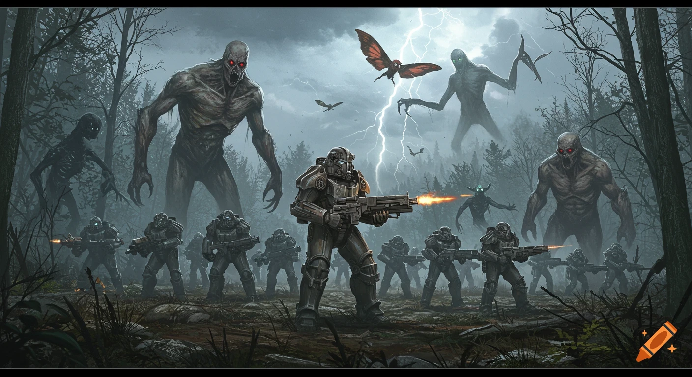 A photorealistic battle scene with soldiers in power armor firing weapons at large, menacing cryptid monsters in a misty, dark forest under a stormy, lightning-filled sky.